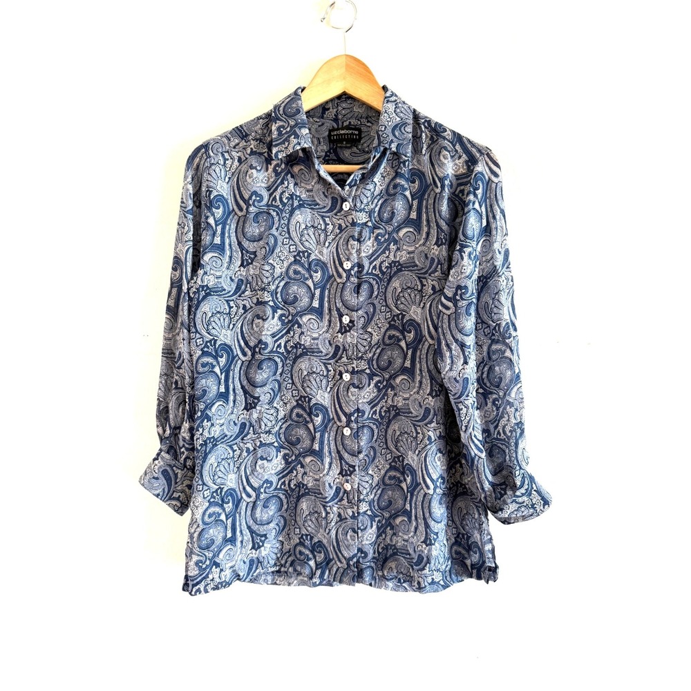 Liz Claiborne Collection Womens 8 Blue Paisley 100% Silk Button Down Blouse Top